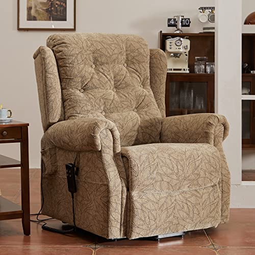 Irene House Lay Flat Lift Chair Recliners Dual Motor For Elderly Recliner Electric Power Sofa With Heat Massage, 2 Side Pockets,9199 (Jacquard Leaf Light Brown) #TOP11