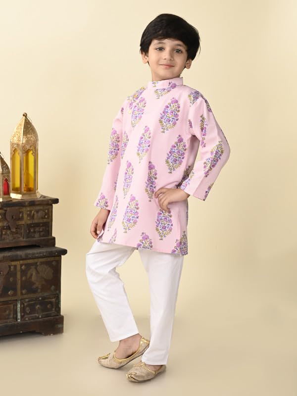 Image of superminis Boys Cotton Full Sleeves Side Open Sanganeri Printed Kurta With Pyjama Set