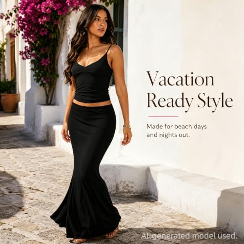 Image of Two Piece Skirt Set Women Maxi Long Skirt and Top Outfit | Soft stretchy 5 pc, slim bodycon, adjustable spaghetti straps, ruched crop tank, elastic waist, going out, beach vacation