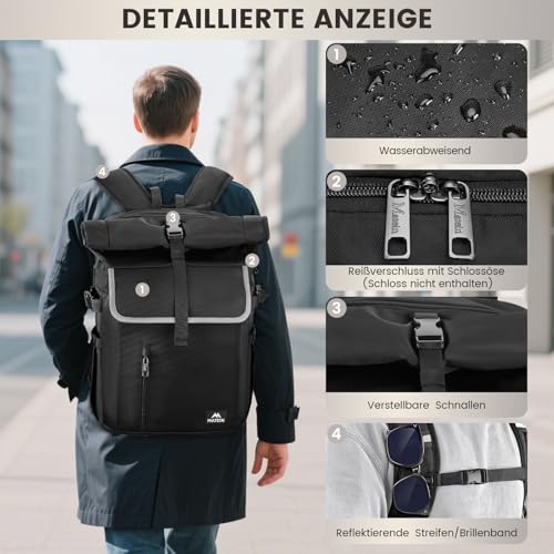 MATEIN Rolltop Rucksack Herren, Rucksack Wasserdicht 36L, Großer Laptoprucksack 17,3 Zoll mit USB Ladeanschluss, Anti-Diebstahl Backpack Kompatibel mit Airtag und RFID Fach, für Reisen, Uni, Schwarz