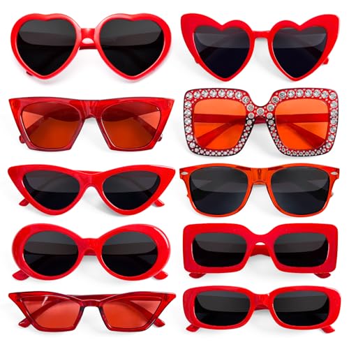 Geopty Red Sunglasses Bulk, 10 Pack Retro Heart Irregular Rectangle Glasses Set for Women Bachelorette Party