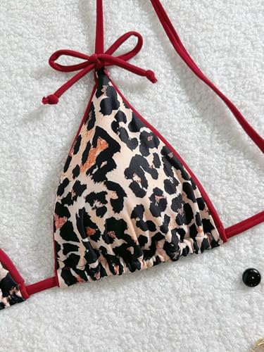 Women's Leopard Print Bathing Suit High Waisted Halter Bow Swimsuit Bikini Set3