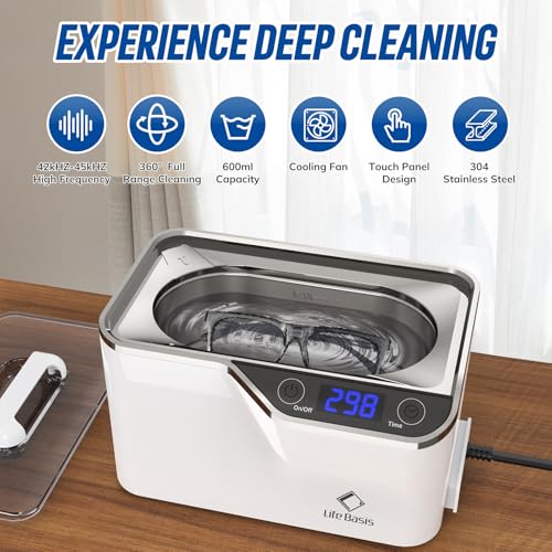 LifeBasis Ultrasonic Jewelry Cleaner, Professional 45kHz Ultrasonic Cleaner Machine 20 Ounces (600ML) with Digital Timer, Watch Holder Ultrasonic Glasses Cleaner for Ring, Coin, Watch, Denture -White - Thumbnail 2