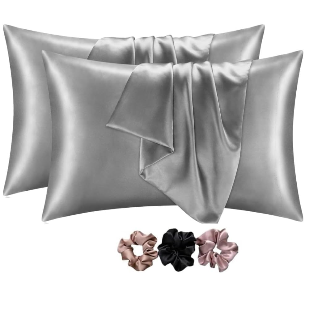 GO WELL Solid Satin Silk Pillow Covers Pack of 2 for Hair and Skin-with Satin Scrunchies |Satin Pillow coves for Hair and Skin|scrunchies for Women 3-Piece|Silk Pillow case (Grey) 600 TC