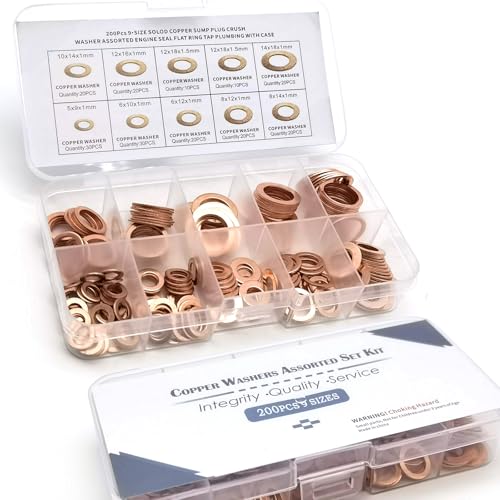 Image of Shakas Pack-200 Car Copper Metric Gasket Combination Set, Oil Pan Plug Sealing Gaskets, M5 M6 M8 M10 M12 M14 9 Specifications Flat Crushed Gasket with Storage Box, Universal for Most Cars (Gold)