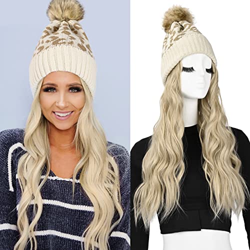 LONAI Beanie Hat Wig,Knit Hat with Hair for Women, Leopard Hat Wig with 18" Blonde Long Wavy Hair Extension for Winter-White and Brown Leopard Hat with Ash Blonde Synthetic Hair