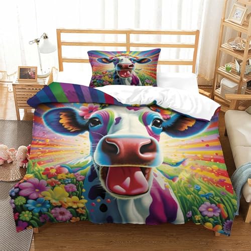 Housse de couette vaches 3D infroissable en microfibre douce pour lit simple 135x200