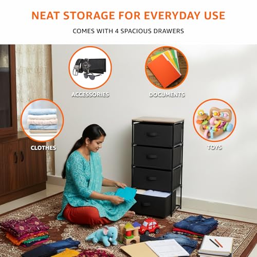 Image of amazon Basics Fabric Chest of 4-Drawer, Iron Tube Frame & MDF Top, Non-Woven /Polypropylene, Lightweight Storage Organizer for Clothes, Bedroom, Entryway & Laundry - Black (40L x 30W x 90H CM)