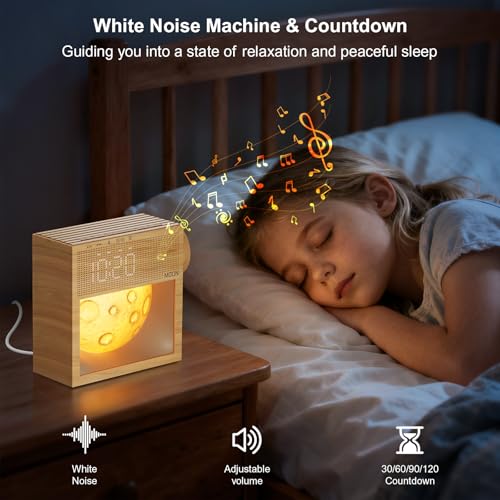 Image of Sunrise Alarm Clock with Sound Machine,White Noise Sound Machine with Night Light for Adults,Kids,Dimmable Moon Lamp for Bedroom,20 Soothing Sounds,Dual Alarms,Snooze, Digital Clock,Wood Grain