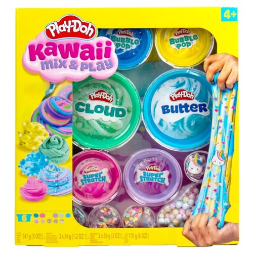 Play-Doh Kawaii Mix & Play Set, Super Stretch and Bubble Pop Slime, 6 Colours with Decorative Sprinkles, Ages 4+