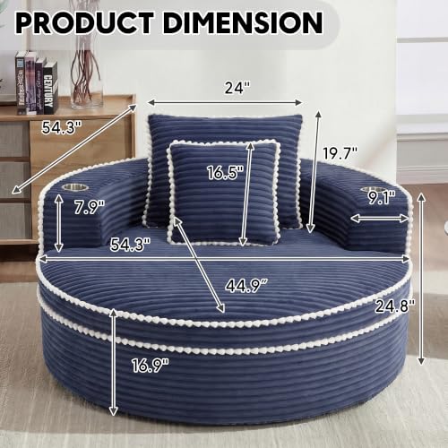 Image of Oversized Round Chair Lounge Chaise Indoor, 54.3 inch Upholstered Corduroy Deep Seat Single Cloud Sofa Chair with Cup Holder, Modern Large Circle Boneless Sleeper Sofa for Living Room, Blue