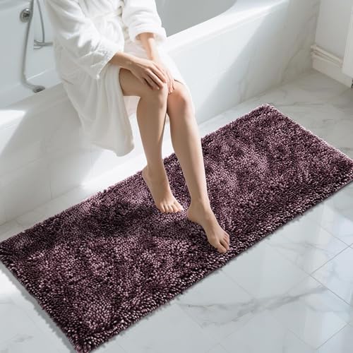 Image of Yimobra Long Bathroom Rugs Runner 60x24 Inch, Extra Thick Soft Absorbent Chenille Bath Mat, Non Slip Machine Washable, Quick Dry Bath Rugs for Bathroom Floor, Tub and Shower, Purple Grey