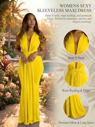 Image of Ekaliy Elegant Bodycon Dresses for Women Deep V Neck Maxi Dress Mermaid Long Dress