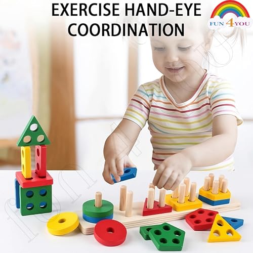 Image of Fun4You Wooden Shape Sorter Toys for Kids 2-4 Years | Montessori Peg Board Blocks Game with Geometric Shapes, Stacking & Counting Puzzle, Educational Wooden Toy, Birthday Gift for 2 Year Boy & Girl