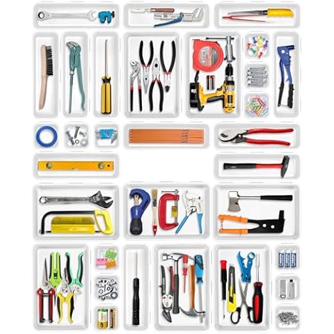 QYQRQF Tool Box Organizer, Tool Drawer Organizer Tray Divider Toolbox Organization Garage Tool Organizers and Storage for Rolling Tool Chest Cabinet Workbench Desk Drawer Organization, White (32PCS) Cover