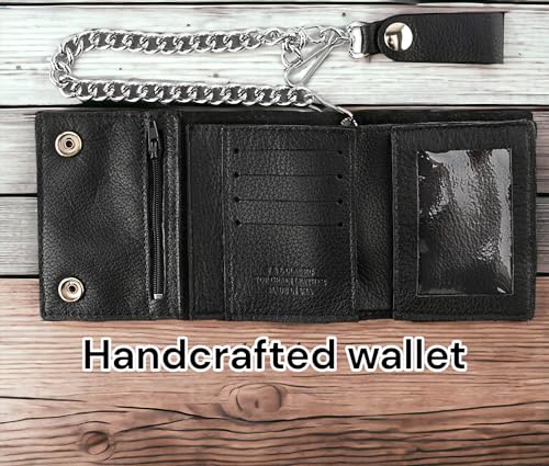 RFID Blocking Men's Tri-fold Vintage Biker Cowhide Leather Steel Chain Wallet,Snap closure, Made In USA,GL315,black3