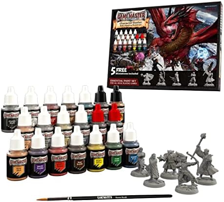 The Army Painter Gamemaster Character Starter Role Playing Paint Set, 20 Dropper Bottles of 12ml Acrylic Paint with Mixing Balls, 5 Plastic Miniature Figurines and 1 Starter Paint Brush, for DnD