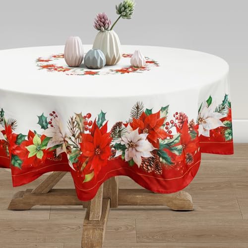 Arquiel Christmas Flowers Tablecloth Waterproof, Red Floral Table Cloth Rectangle Stain Resistant
