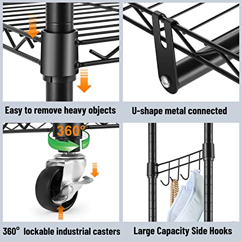 Homdox Rolling Garment Rack With Double Rod, Heavy Duty Clothing Rack With Shelves, Portable Clothes Rack, Free Standing Wardrobe Rack, With Lockable Wheels & Hanging Hooks, Max Load 450 Lbs, Black #TOP5