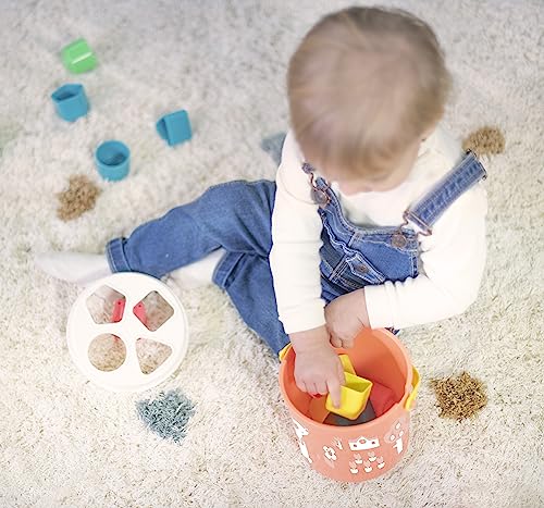 Image of Miniland Feel to Learn Salmon Shape Sorting Bucket for Children from 1 to 2 Years. 16 Multicolored Pieces with Different Shapes. Made in Spain with ECO Materials