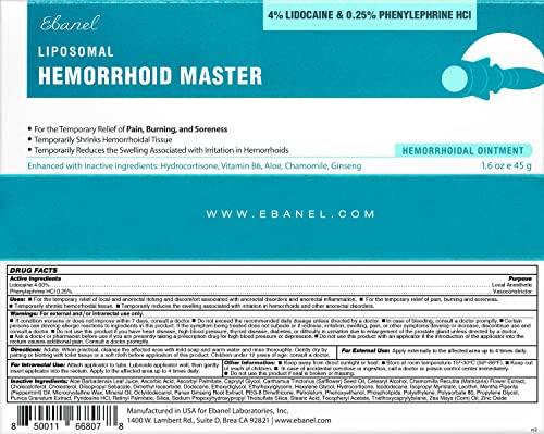 Ebanel Hemorrhoid Treatment Ointment, 1.6 Oz Lidocaine Anal Fissure Anesthetic Cream For Pain, Burning, Itching, Swelling, Bleeding With Phenylephrine, Hydrocortisone, Aloe, Chamomile, Vitamins #TOP6