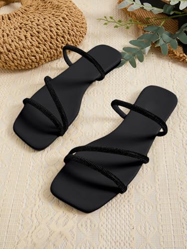 Image of GORGLITTER Women's Rhinestone Wedding Flat Sandals Sparkly Strappy Glitter Dressy Slip on Bling Bridal Prom Cute Slide Shoes