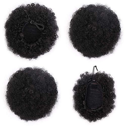 DQ Hair Afro Curly Puff Short Synthetic Ponytail with Drawstring, Updo Hair Bun Synthetic Puff with 2 Clips Elastic Net Base High Temperature Heat Resistant Hair Wraps (Medium, 1B)