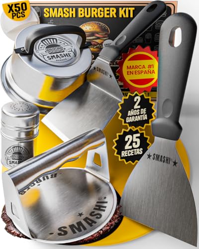 SMASHI® Smash Burger Kit 7 Piezas Profesional Acero Inoxidable 304 Certificado EU Contacto Alimentos | Prensa Hamburguesas Smasher Tratamiento Antiadherente | El Auténtico Kit Smash Burger (6 Piezas)