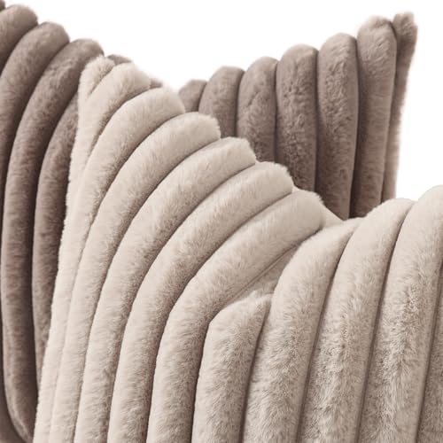 Image of decorUhome Fall Cozy Faux Fur Throw Pillow Covers 18x18 Set of 2 Decorative Soft Plush Striped Modern Farmhouse Boho Couch Pillow Cases with Velvet Back for Sofa Bed Living Room, Light Coffee