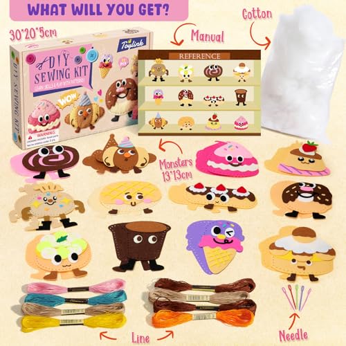 Image of Toylink DIY Sewing Kit for Kids Ages 4-12, 12 Dessert Felt Craft Kit with Pre-Punched Holes, Blunt Plastic Needles, Cotton Stuffing - First Sewing Kit STEM Learning Toys for Girls Boys Birthday Gift