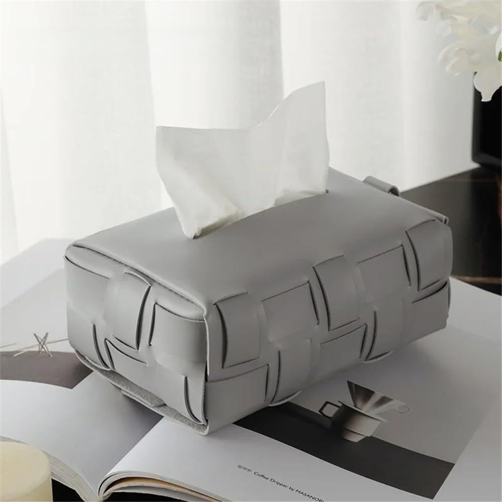 Tissue Case Tissue Box Checkered Woven Leather Paper Living Room Table Bedroom Organiser Tissue Dispenser(Gris)