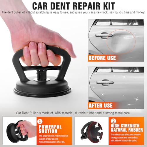 Image of Car Dent Puller,dent Remover Tool for car with Suction Cup,3 Pack | Dent Remover Tool Kit for Car Body Dents, with suction dent puller and Handle Lifter for Easy Car Dent Removal (Black+Orange)