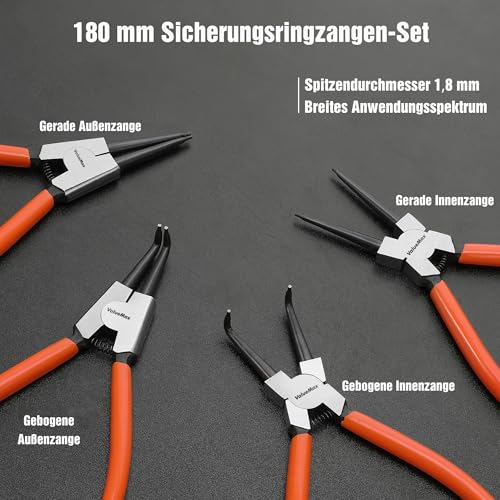 ValueMax Sprengringzangensatz 4tlg.,Sicherungsringzange Set 180mm mit Tasche, für Innen- und Außensicherungen, gerade, gebogen, Seegeringzangen