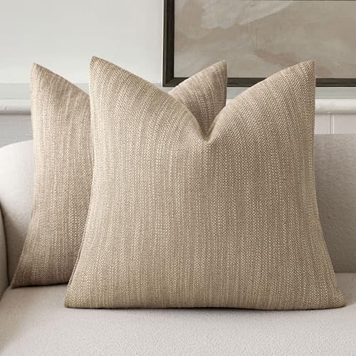 Image of Foindtower Set of 2 Decorative Textured Burlap Linen Throw Pillow Covers Farmhouse Boho Cushion Cover Solid Accent Pillowcase for Couch Sofa Bed Living Room Home Decor,18x18 Inch,Camel