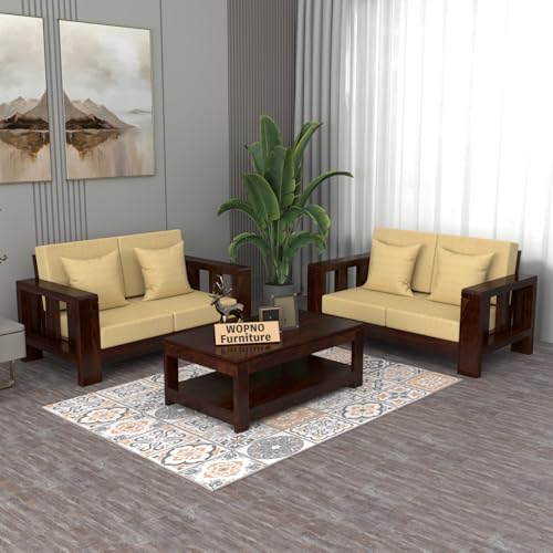Image of Solid Sheesham Wood 4 Seater Sofa Set for Living Room I Wooden Sofa Set for Living Room Furniture 2+2 (Walnut, 4 Seater)