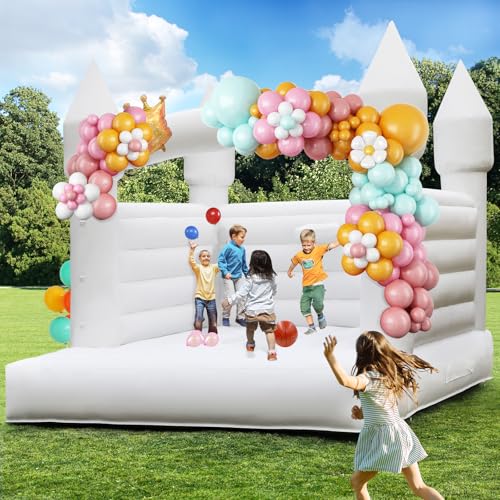 4M × 3,3M × 3M weiße Hüpfburg für drinnen und draußen, 2-in-1-PVC-Hüpfburg mit Gebläse, einfach aufzubauen, Geburtstagsfeiern.
