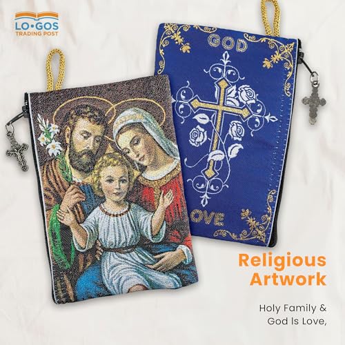 Image of TREE OF LIFE REV. 22:14 Catholic Rosary Pouch, Holy Family & God is Love, 4 inch x 6 inch Jewelry & Coin Purse with Cross, Small Woven Tapestry Icon Bag, Bolsa de Rosario Catolico para Joyeria