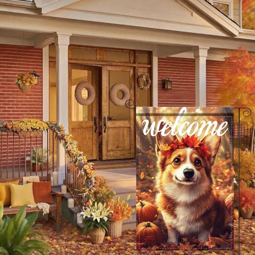 Image of Nuxovilar 12x18 inch Corgi Dog Autumn Leaf Wreath Flag | Double-sided Corgi dog and autumn leaf wreath flag for porch and yard decor.