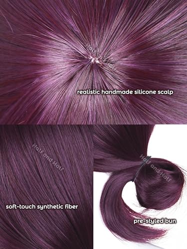 Image of Reze Cosplay Wig Short Dark Purple Anime Cosplay Wigs with Bangs & Bun | Deep Grape Purple Female Wig Synthetic Hair for Halloween Party Women Costumes