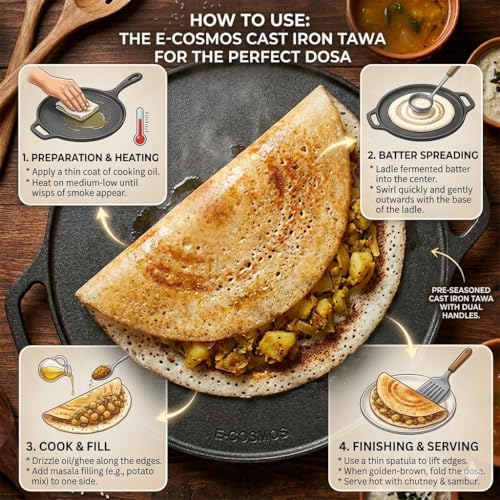 Image of E-COSMOS Cast Iron Dosa Tawa (12 Inch / 30 cm) - Pre-Seasoned Flat Griddle Pan for Uthappam, Paratha, and Naan - Induction Friendly Cookware, Black