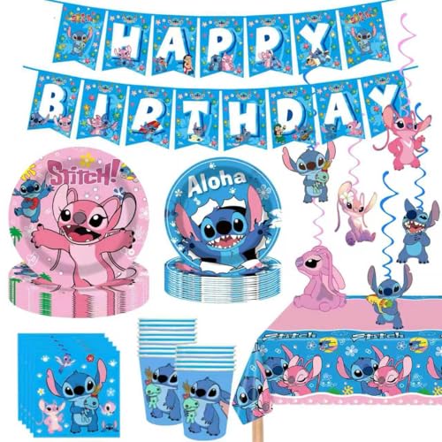 88PCS For Stitch Party Supplies: 6 Hanging Swirls 20 Napkins 20 Cups 20 Plates 9 inch 20 Plates 7 inch 1 Banner 1 Tablecloth for Stitch Birthday Party Decorations