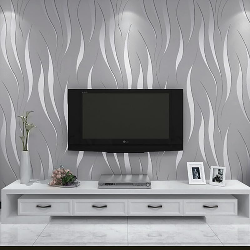 Snewvie Embossed Wallpaper Non-Woven Wave Stripes Roll 3D Embossed Wave Wallpaper Silver Glitter Wallpaper Feature Stripe Modern Geometric Patterned Taupe for Livingroom Bedroom Kitchen