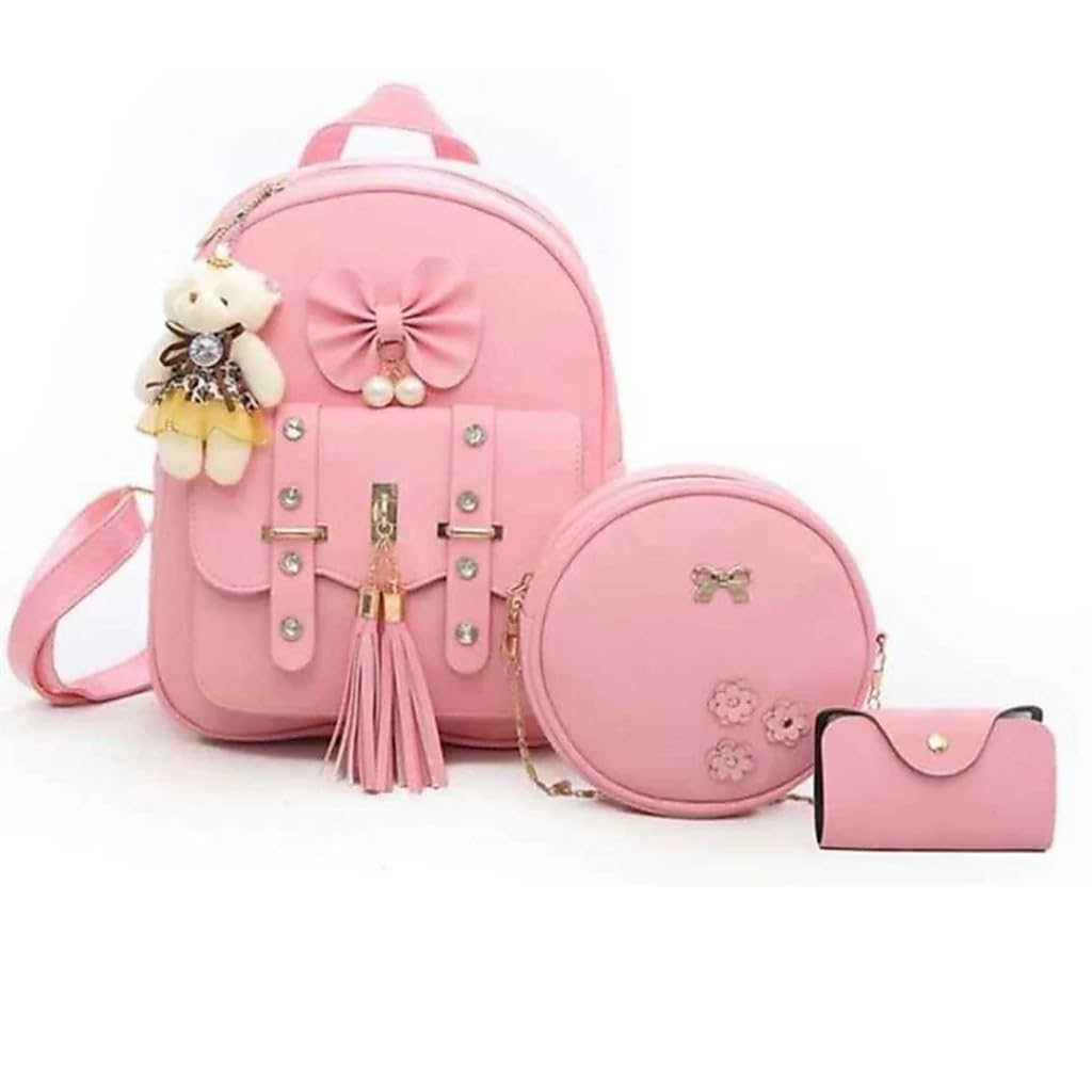Pink PU Leather Backpack Combo Set with Crossbody Bag & Wallet-picture-52