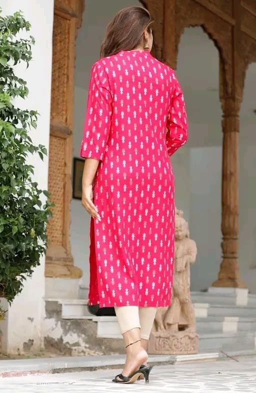 Image of Women's Printed Straight Kurti, 3 /4 Sleeves, Button-Down Front, Side Slits with Pockets