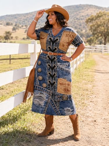 Image of Plus Size Maxi Dress for Women Short Sleeve V Neck Casual Loose Sundress with Pockets