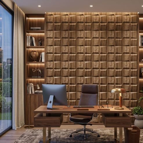Image of Kayra Decor 3D PVC Wall Panels for Bedroom & Living Room | Cube Design | Oak Wood Color | 19.7 x 19.7 Inch | Pack of 40 | 107.6 Sq Ft