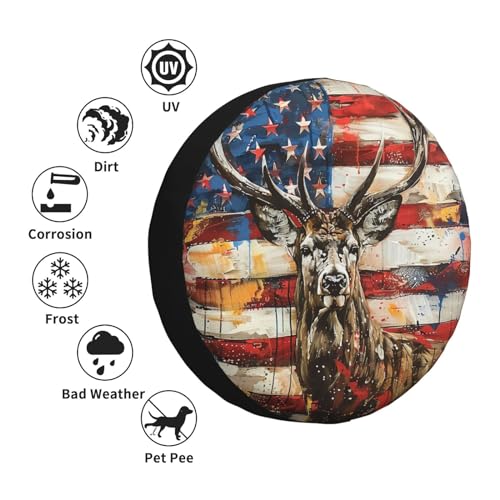 Image of Deer with American Flag Spare Tire Cover Wheel Protectors Weatherproof Deer Pattern Wheel Covers Universal Fit for Trailer RV SUV Truck Camper Travel Trailers Accessories 15 Inch
