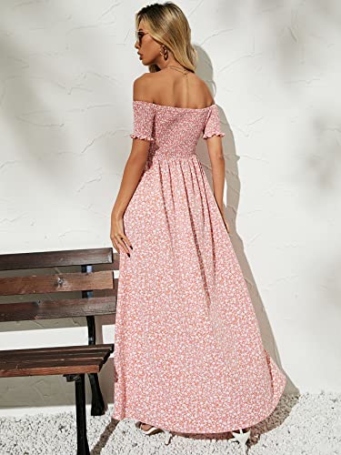 Makemechic Women's Casual Floral Split Off Shoulder Short Sleeve Shirred High Waist A Line Maxi Summer Dress A Light Pink Orange Xs #TOP1