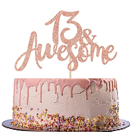 Image of FestikoRose Gold Glitter 13 Awesome Cake Topper - Official 13 Teenager -13 & Fabulous - Boy /Girl 13 Years Old - Happy 13th Birthday Party Decoration