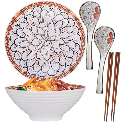 ZPPLD 2set 8 Pulgadas Bol Grande para Ramen de Cerámica 1100 ml, Cuenco Japonés Cerámica Ramen,Cuchara y Palillos para Ramens, Fideos y Sopas,Apto para lavavajillas y microondas